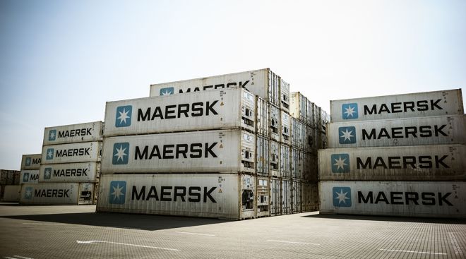 The Maersk logo on shipping containers stored at the A.P. Moller Maersk A/S terminal in Denmark